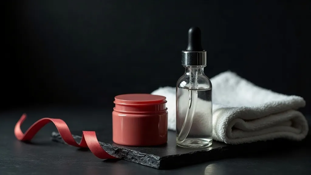 A glass dropper bottle and apothecary jar on dark slate with a coral ribbon accent